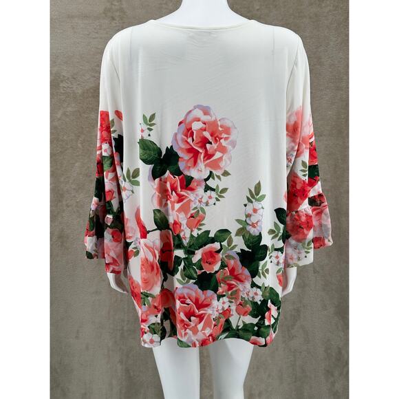 Calvin Klein Top Womens 3X Ivory Red Floral Bell Sleeve Boho Stretch Spring Work - Picture 7 of 13